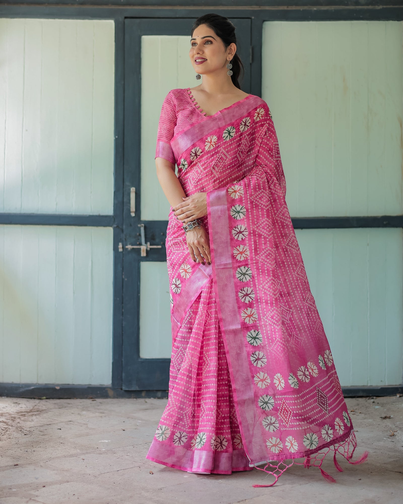 Fuchsia Pink Handcrafted Cotton Linen Saree with Geometric Print and Tassels LINEN