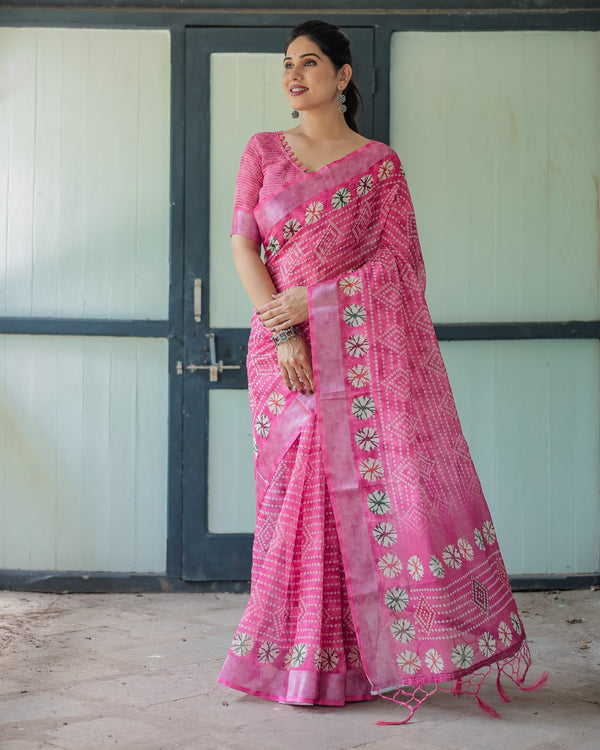 Fuchsia Pink Handcrafted Cotton Linen Saree with Geometric Print and Tassels LINEN