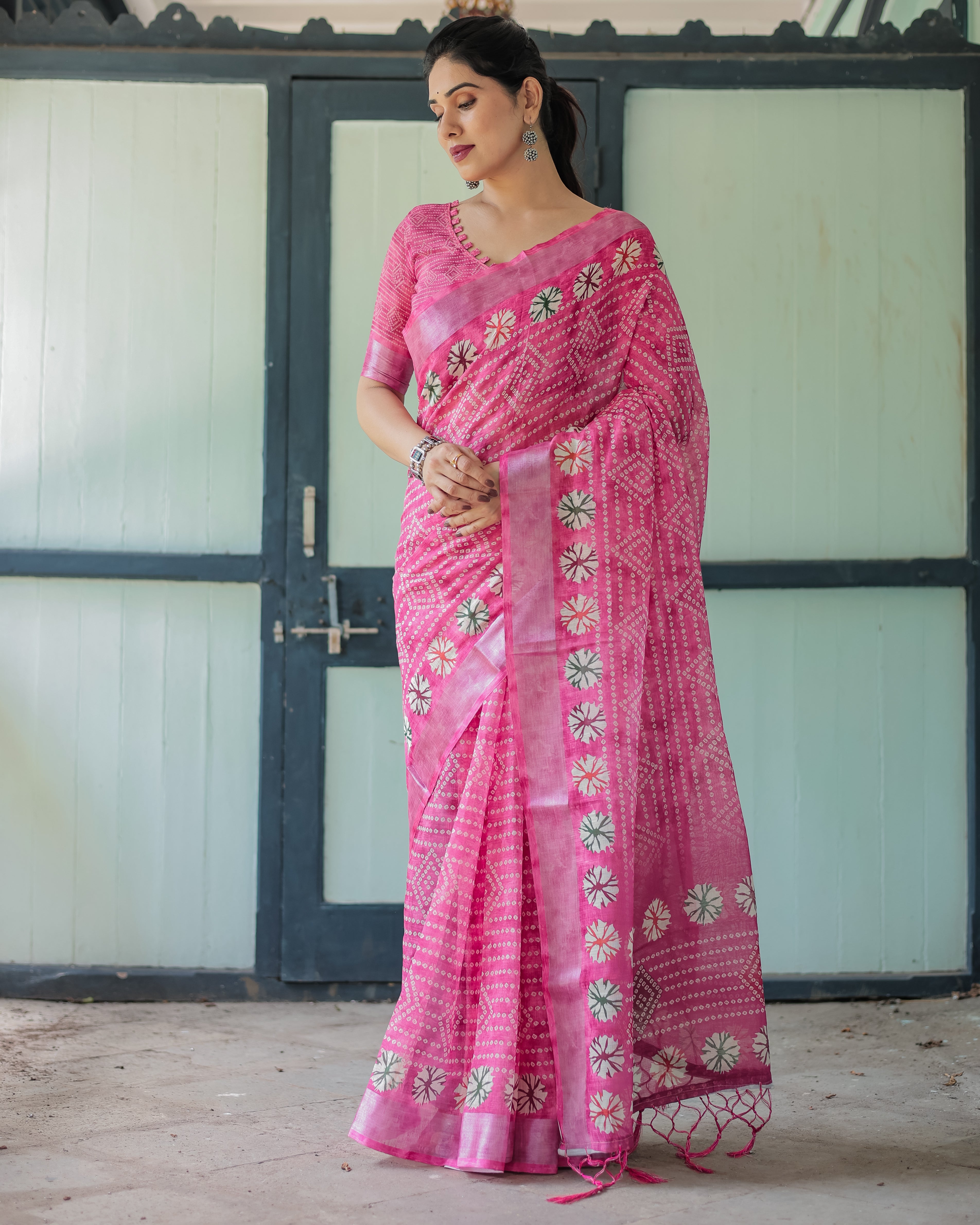 Fuchsia Pink Handcrafted Cotton Linen Saree with Geometric Print and Tassels Secondary image