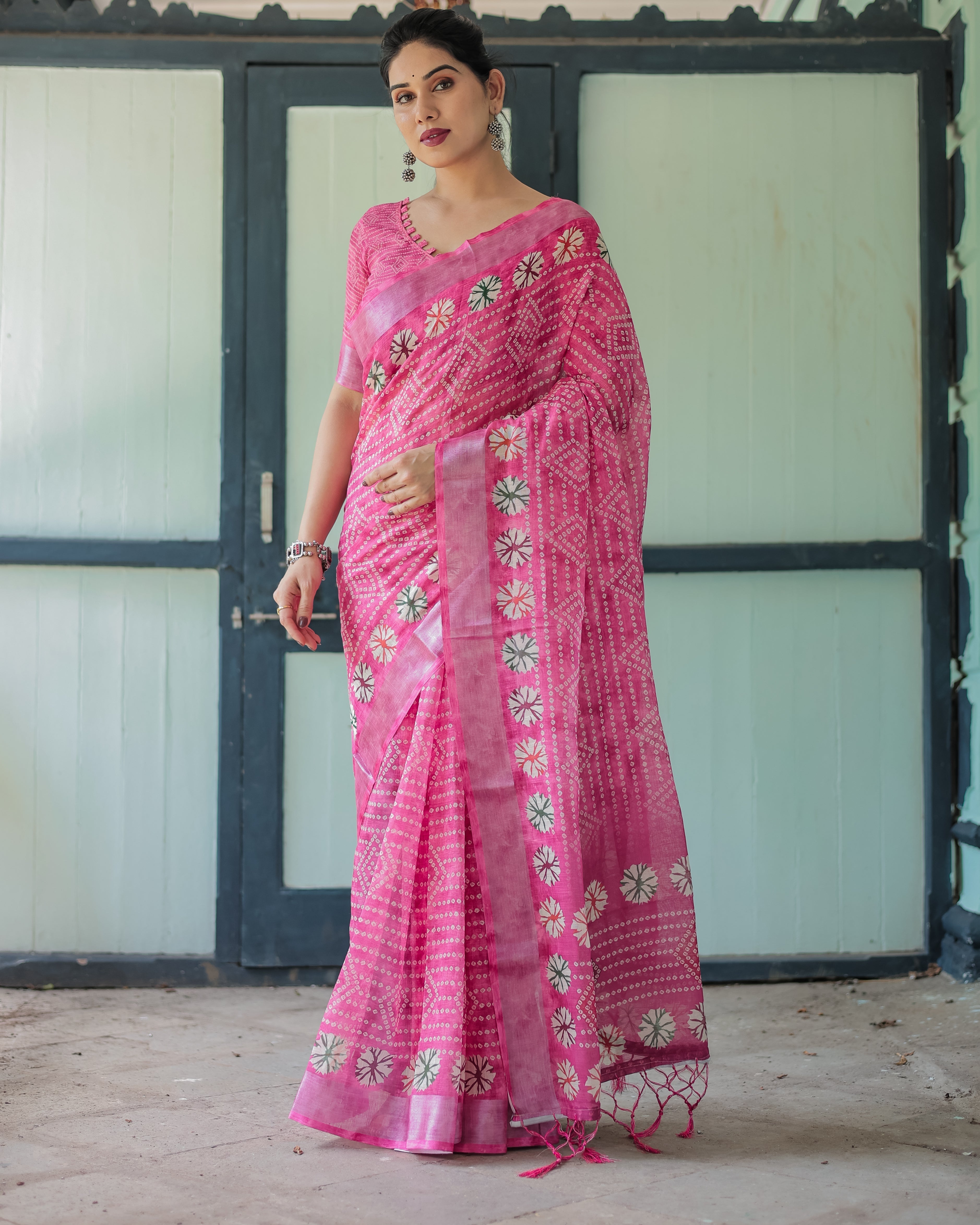 Fuchsia Pink Handcrafted Cotton Linen Saree with Geometric Print and Tassels LINEN Main image