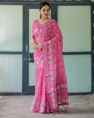 Fuchsia Pink Handcrafted Cotton Linen Saree with Geometric Print and Tassels LINEN