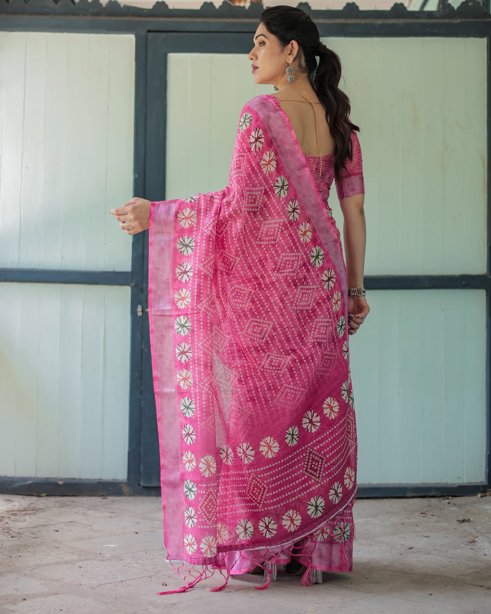 Fuchsia Pink Handcrafted Cotton Linen Saree with Geometric Print and Tassels LINEN