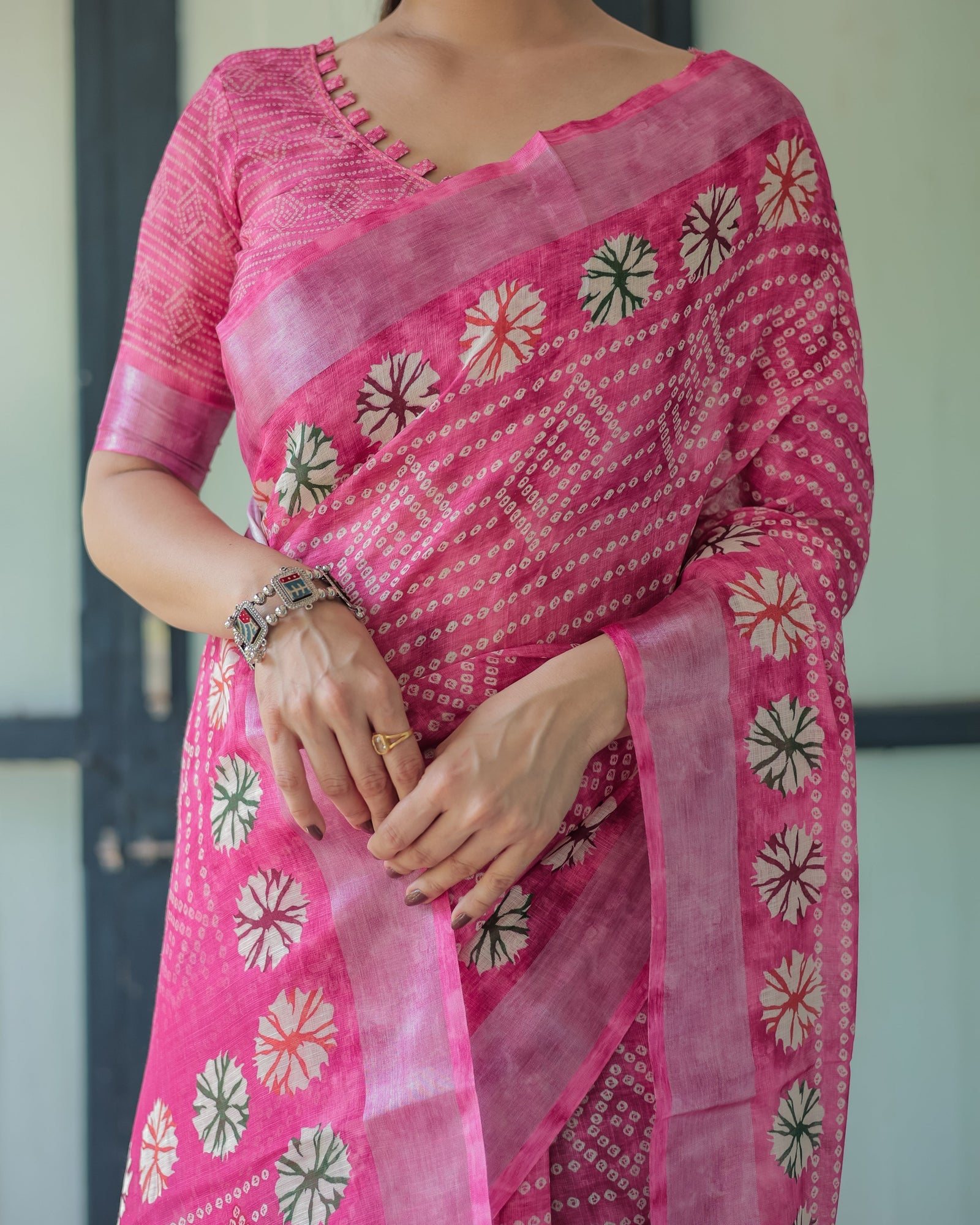 Fuchsia Pink Handcrafted Cotton Linen Saree with Geometric Print and Tassels LINEN