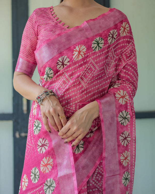 Fuchsia Pink Handcrafted Cotton Linen Saree with Geometric Print and Tassels LINEN