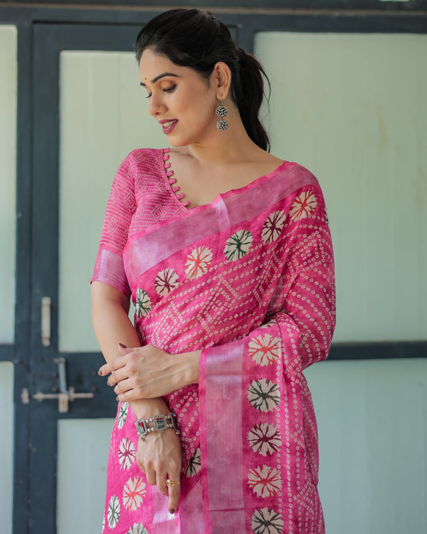 Fuchsia Pink Handcrafted Cotton Linen Saree with Geometric Print and Tassels LINEN