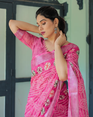 Fuchsia Pink Handcrafted Cotton Linen Saree with Geometric Print and Tassels LINEN