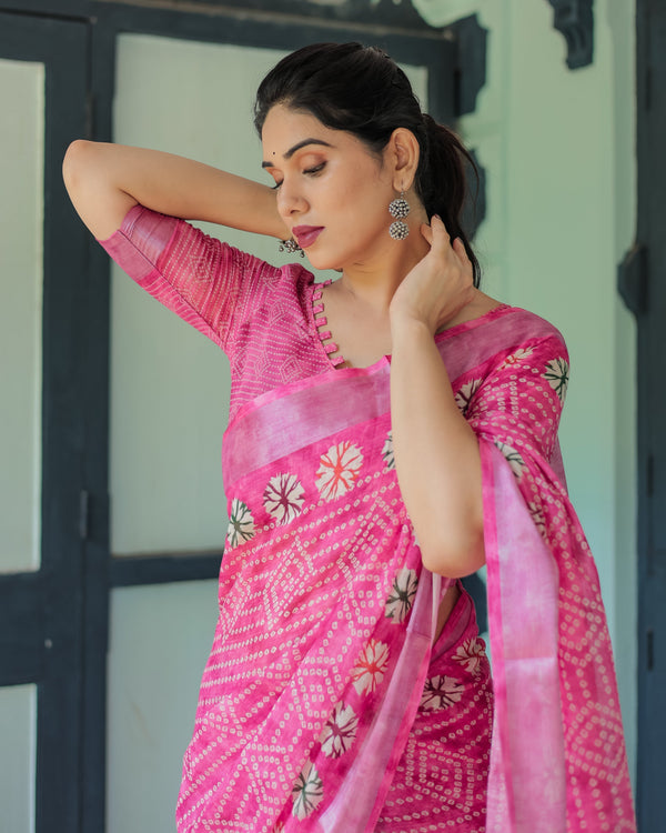 Fuchsia Pink Handcrafted Cotton Linen Saree with Geometric Print and Tassels LINEN