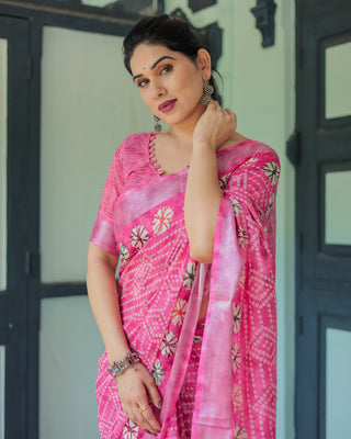 Fuchsia Pink Handcrafted Cotton Linen Saree with Geometric Print and Tassels LINEN