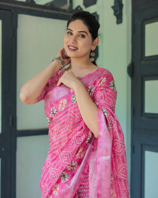 Fuchsia Pink Handcrafted Cotton Linen Saree with Geometric Print and Tassels LINEN