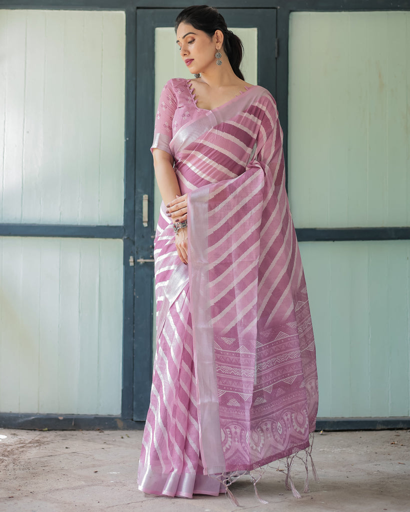 Purple Chevron Print Pure Cotton Linen Saree with Blouse and Tassels LINEN