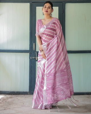 Purple Chevron Print Pure Cotton Linen Saree with Blouse and Tassels LINEN