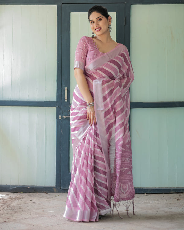 Purple Chevron Print Pure Cotton Linen Saree with Blouse and Tassels LINEN