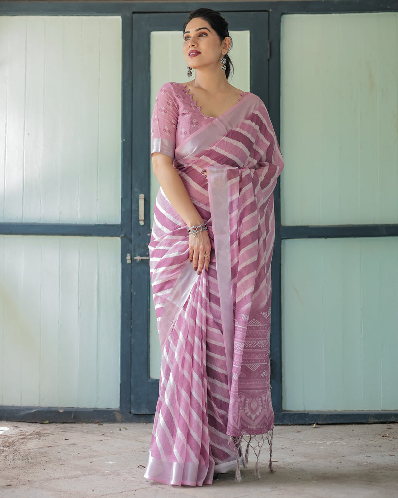 Purple Chevron Print Pure Cotton Linen Saree with Blouse and Tassels LINEN