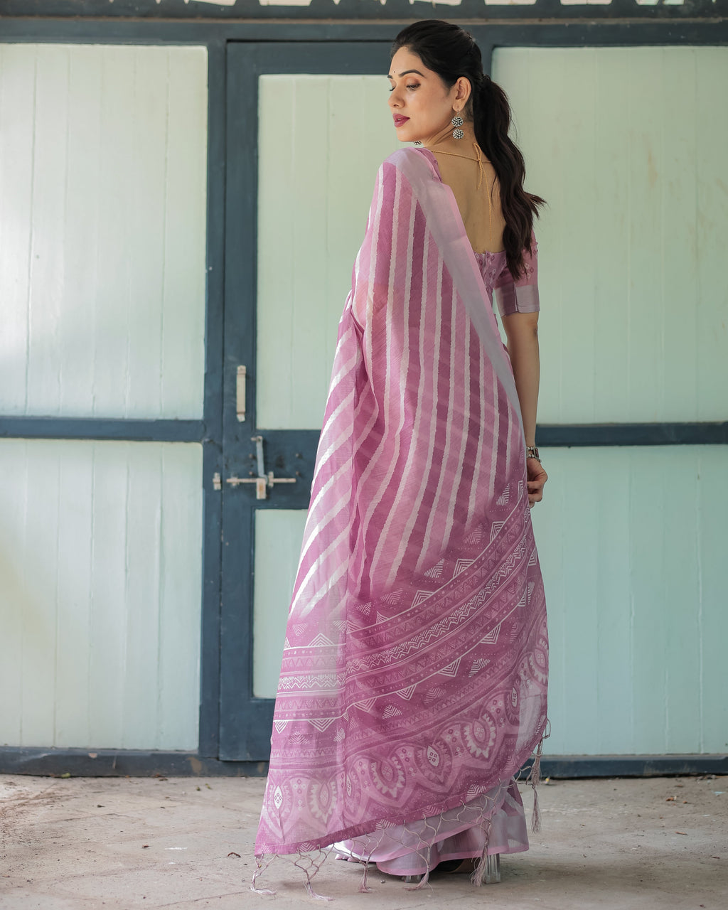 Purple Chevron Print Pure Cotton Linen Saree with Blouse and Tassels LINEN