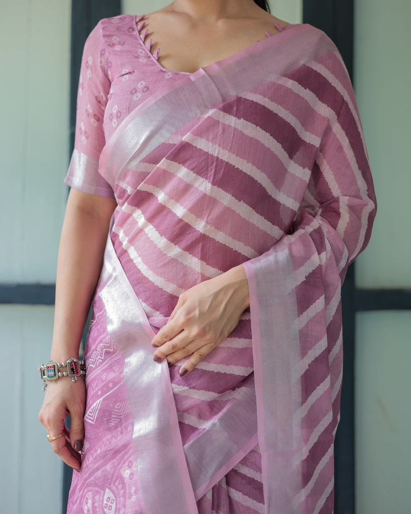 Purple Chevron Print Pure Cotton Linen Saree with Blouse and Tassels LINEN