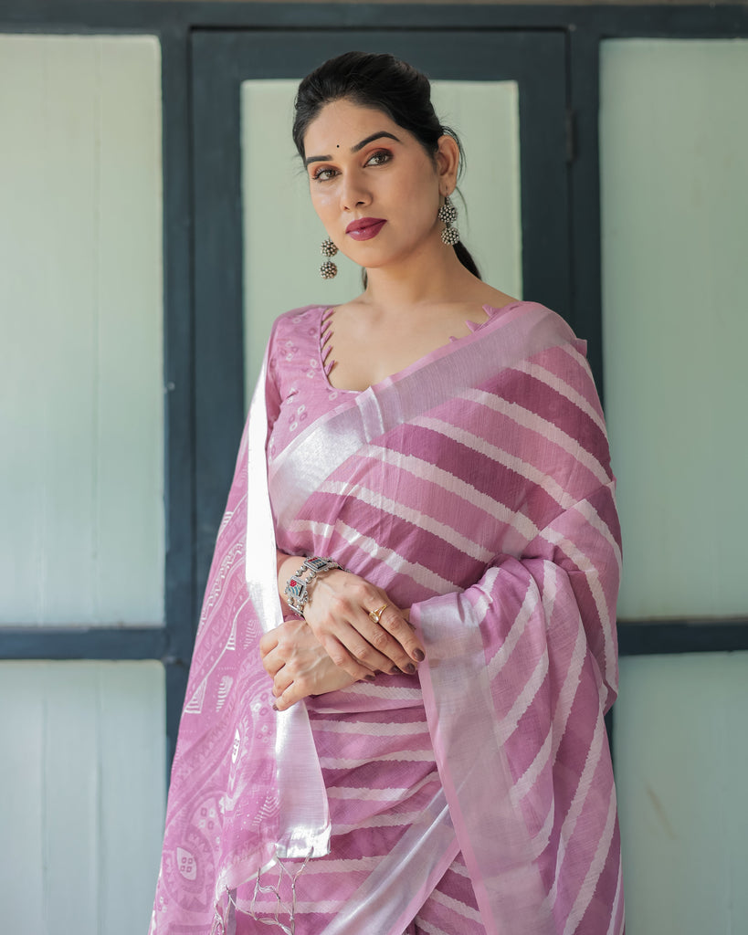 Purple Chevron Print Pure Cotton Linen Saree with Blouse and Tassels LINEN