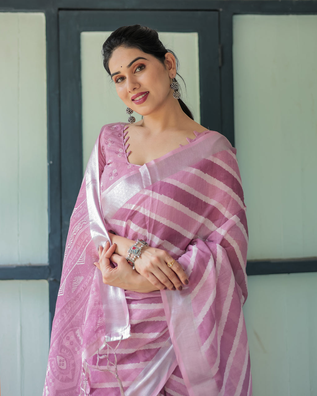 Purple Chevron Print Pure Cotton Linen Saree with Blouse and Tassels LINEN