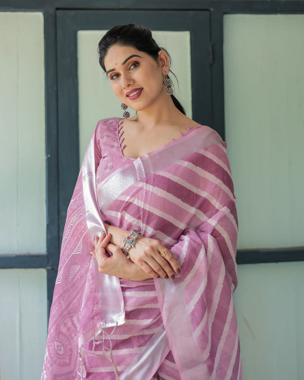 Purple Chevron Print Pure Cotton Linen Saree with Blouse and Tassels LINEN