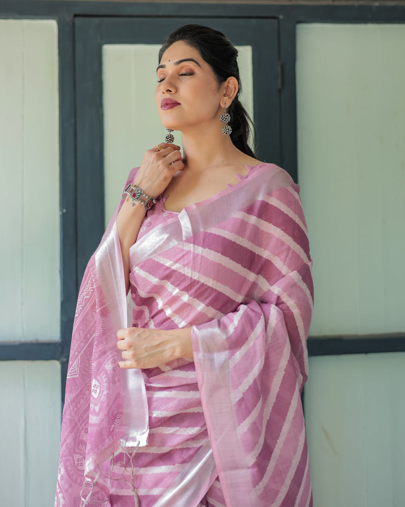 Purple Chevron Print Pure Cotton Linen Saree with Blouse and Tassels LINEN