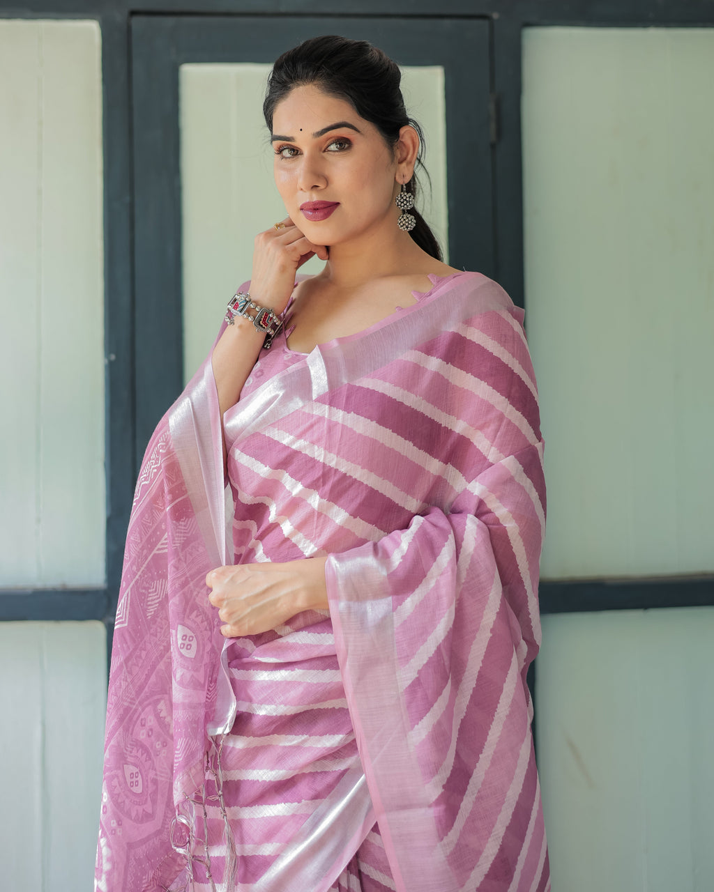 Purple Chevron Print Pure Cotton Linen Saree with Blouse and Tassels LINEN