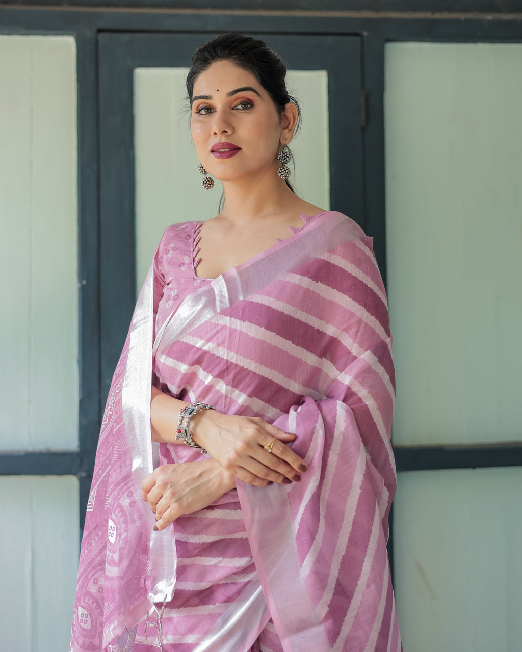 Purple Chevron Print Pure Cotton Linen Saree with Blouse and Tassels LINEN