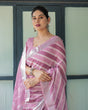 Load image into Gallery viewer, Purple Chevron Print Pure Cotton Linen Saree with Blouse and Tassels LINEN