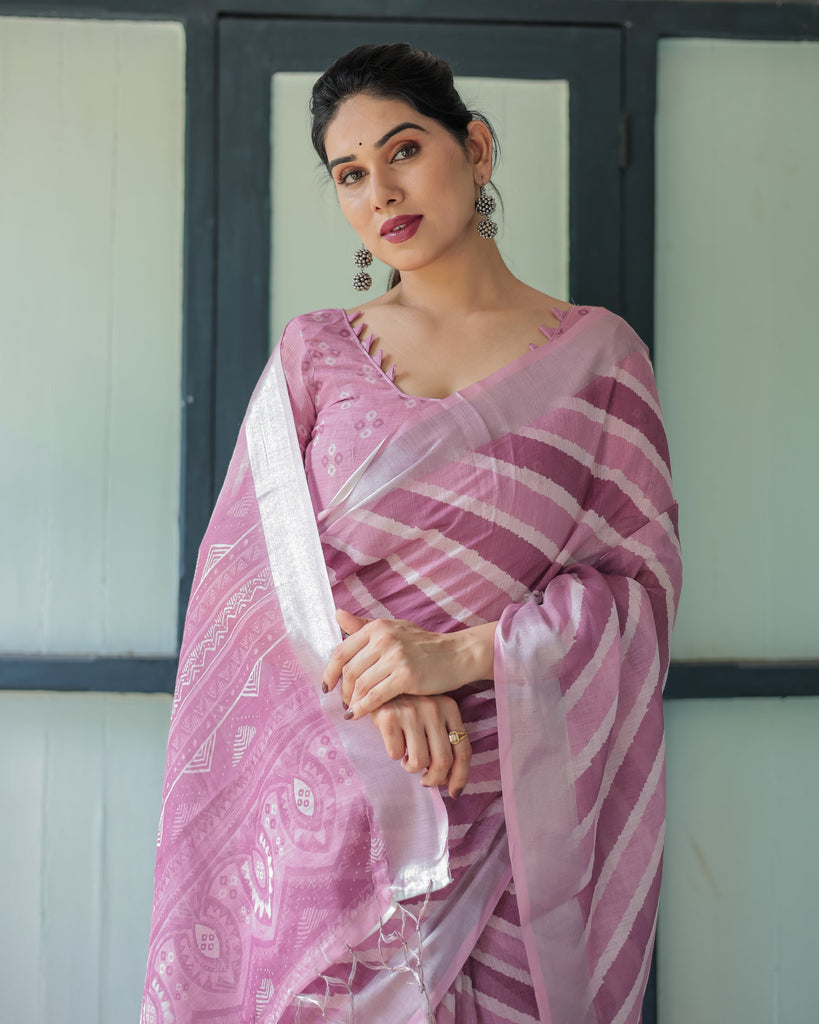 Purple Chevron Print Pure Cotton Linen Saree with Blouse and Tassels LINEN