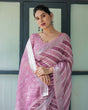 Load image into Gallery viewer, Purple Chevron Print Pure Cotton Linen Saree with Blouse and Tassels LINEN