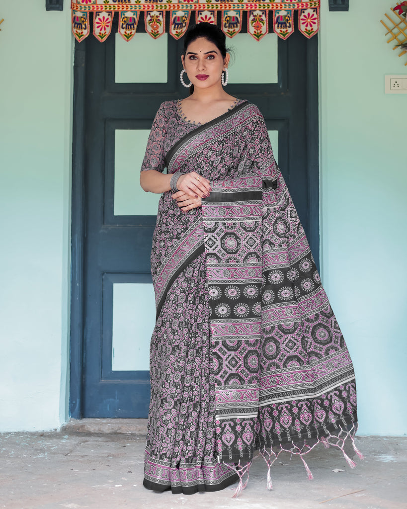 Black Pure Cotton Linen Saree with Pink Striped Pallu and Tassel Accents LINEN
