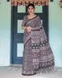 Load image into Gallery viewer, Black Pure Cotton Linen Saree with Pink Striped Pallu and Tassel Accents LINEN