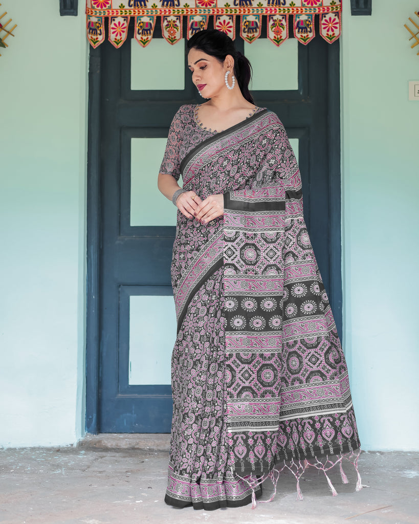 Black Pure Cotton Linen Saree with Pink Striped Pallu and Tassel Accents LINEN