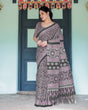 Load image into Gallery viewer, Black Pure Cotton Linen Saree with Pink Striped Pallu and Tassel Accents LINEN