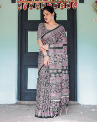 Black Pure Cotton Linen Saree with Pink Striped Pallu and Tassel Accents LINEN