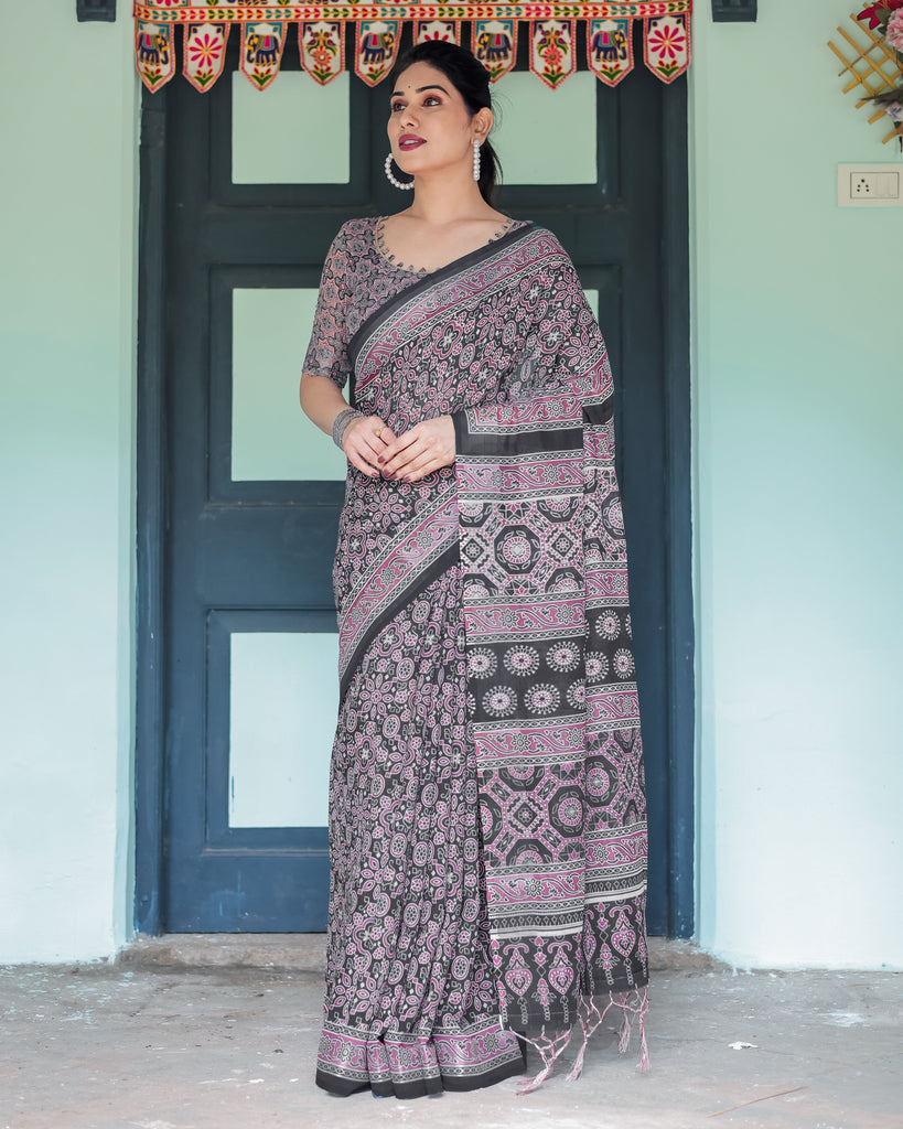 Black Pure Cotton Linen Saree with Pink Striped Pallu and Tassel Accents LINEN