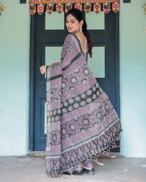 Black Pure Cotton Linen Saree with Pink Striped Pallu and Tassel Accents LINEN