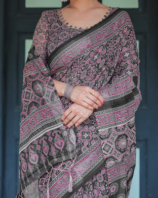 Black Pure Cotton Linen Saree with Pink Striped Pallu and Tassel Accents LINEN