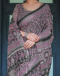 Load image into Gallery viewer, Black Pure Cotton Linen Saree with Pink Striped Pallu and Tassel Accents LINEN