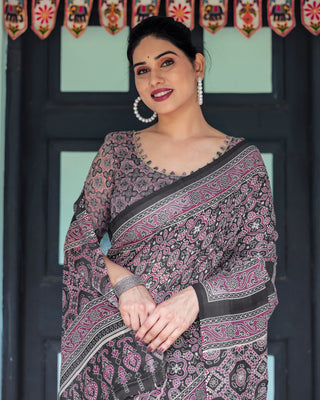 Black Pure Cotton Linen Saree with Pink Striped Pallu and Tassel Accents LINEN