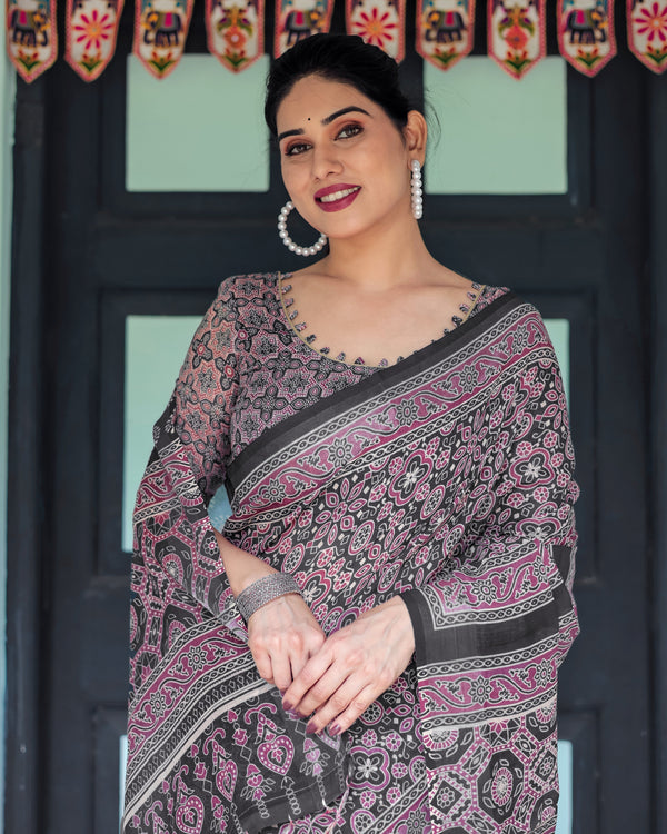 Black Pure Cotton Linen Saree with Pink Striped Pallu and Tassel Accents LINEN