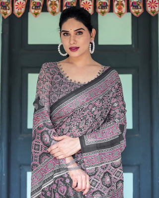 Black Pure Cotton Linen Saree with Pink Striped Pallu and Tassel Accents LINEN
