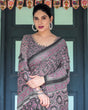 Load image into Gallery viewer, Black Pure Cotton Linen Saree with Pink Striped Pallu and Tassel Accents LINEN