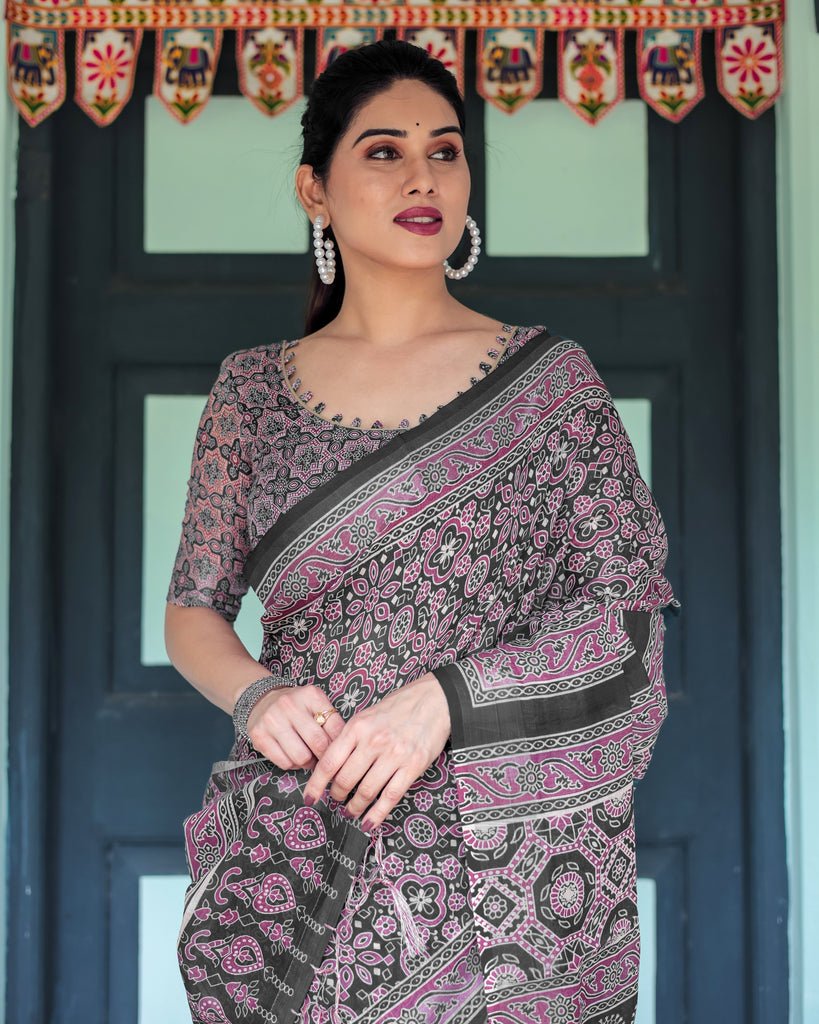 Black Pure Cotton Linen Saree with Pink Striped Pallu and Tassel Accents LINEN