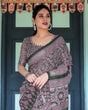 Load image into Gallery viewer, Black Pure Cotton Linen Saree with Pink Striped Pallu and Tassel Accents LINEN