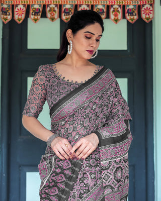 Black Pure Cotton Linen Saree with Pink Striped Pallu and Tassel Accents LINEN