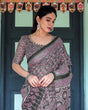 Load image into Gallery viewer, Black Pure Cotton Linen Saree with Pink Striped Pallu and Tassel Accents LINEN