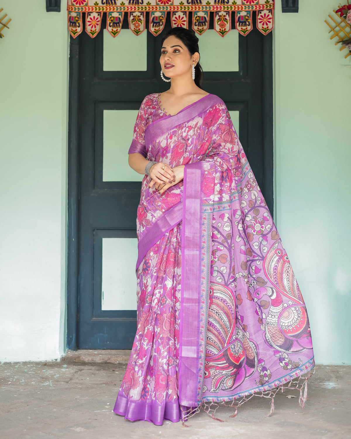 Purple and Pink Floral Printed Pure Cotton Linen Saree with Blouse and Tassels LINEN Main image