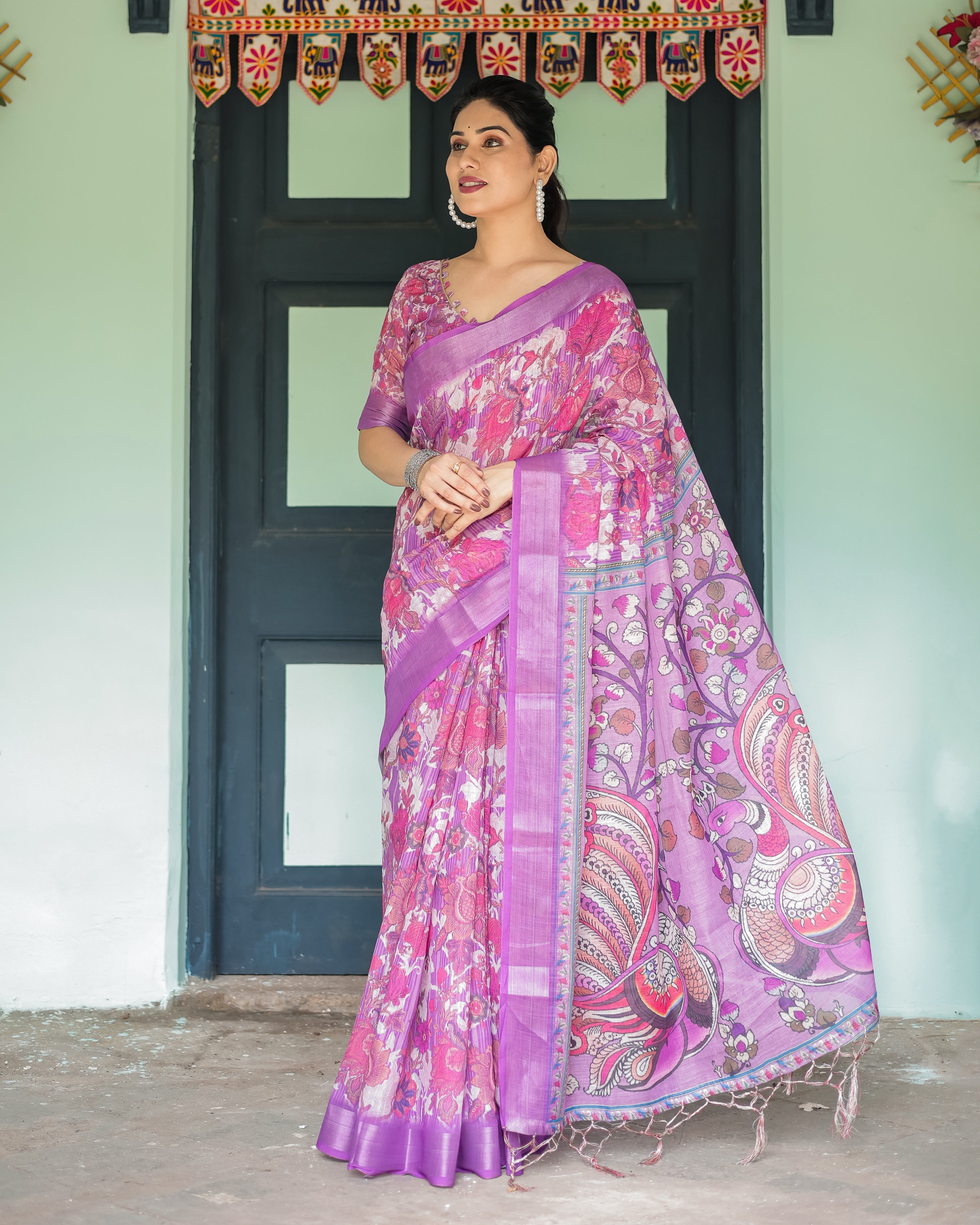 Purple and Pink Floral Printed Pure Cotton Linen Saree with Blouse and Tassels LINEN Main image