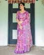 Load image into Gallery viewer, Purple and Pink Floral Printed Pure Cotton Linen Saree with Blouse and Tassels LINEN