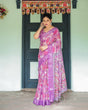 Load image into Gallery viewer, Purple and Pink Floral Printed Pure Cotton Linen Saree with Blouse and Tassels LINEN