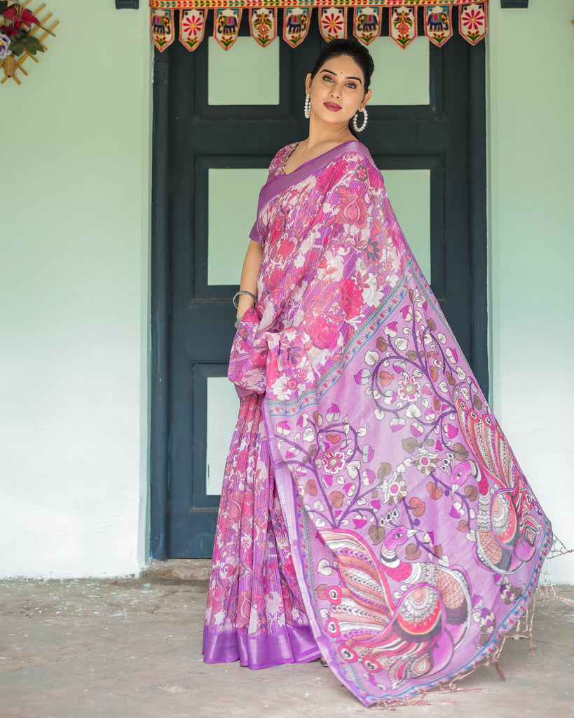 Purple and Pink Floral Printed Pure Cotton Linen Saree with Blouse and Tassels LINEN